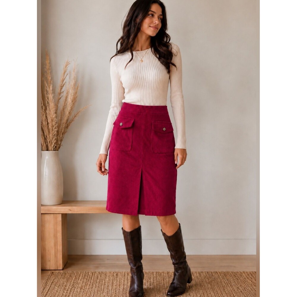 NWT Halara Women’s Size S Corduroy Midi Skirt Pink Berry Elastic Waist Pocket